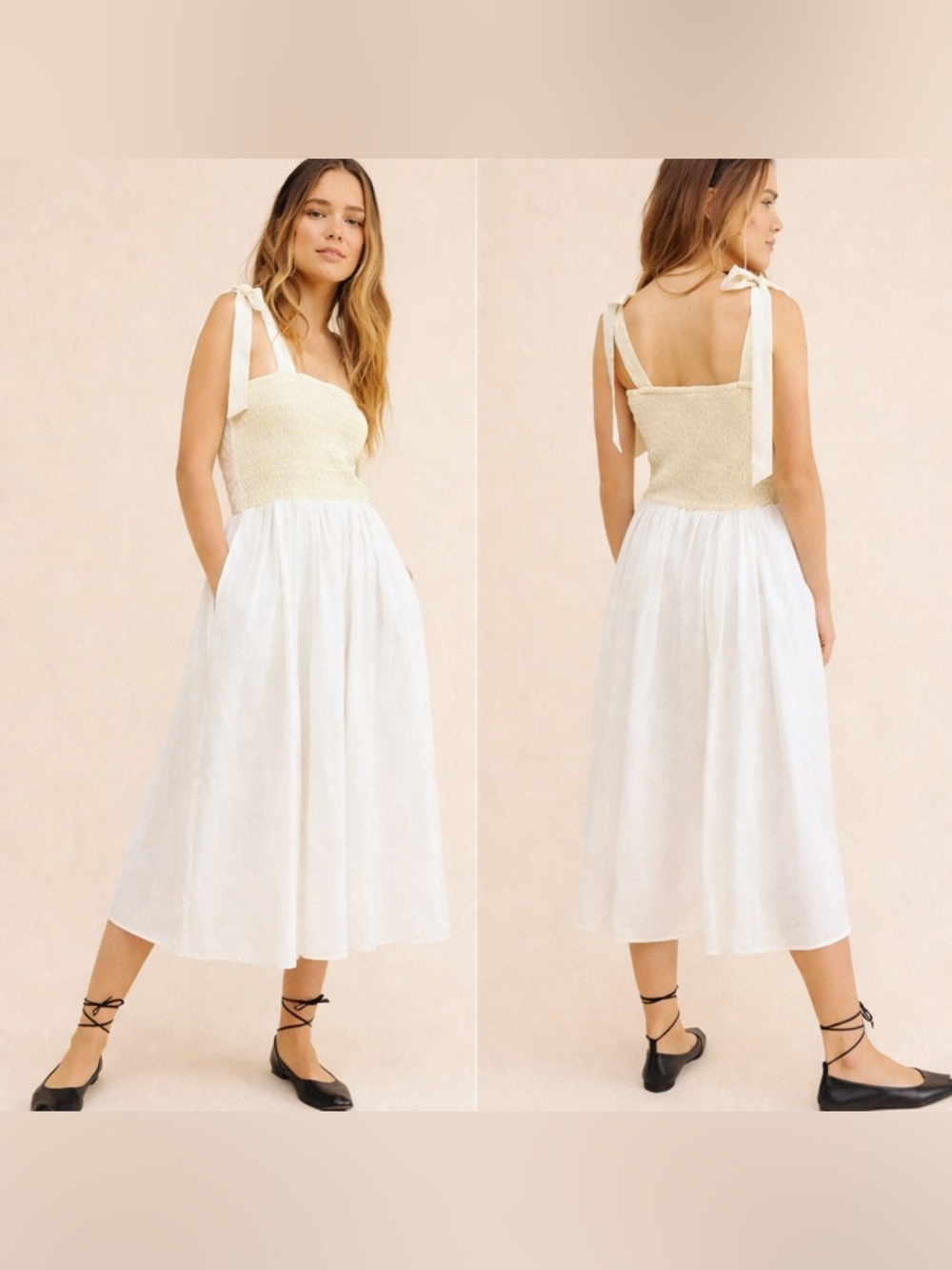 Kourt Drew Dress Anthropologie White Smocked Tie Strap Midi M